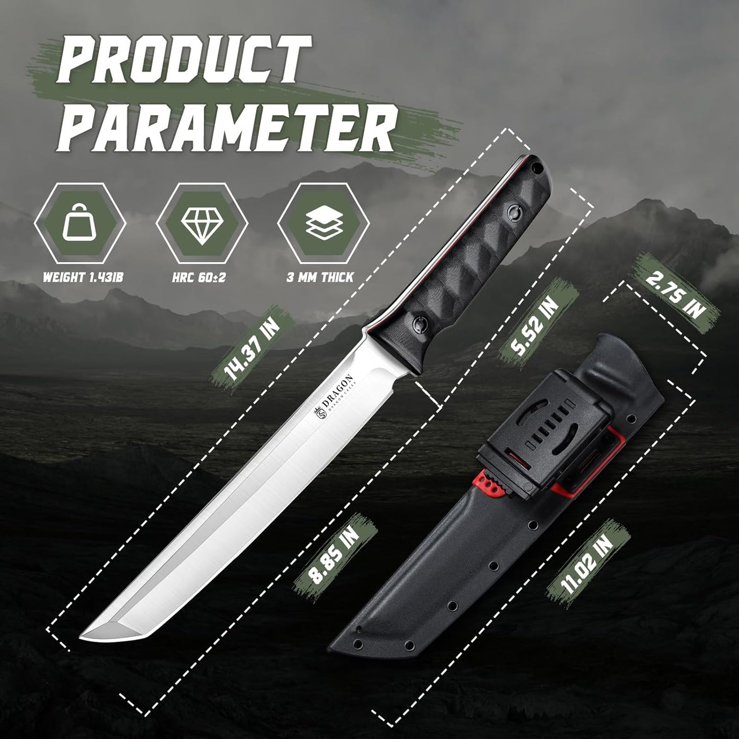 Tactical Knife Kydex - Outdoor Fixed Blade Survival Knife with Sheath Full Tang Handle for Camping Hiking Christmas Thanksgiving Gift Men Green