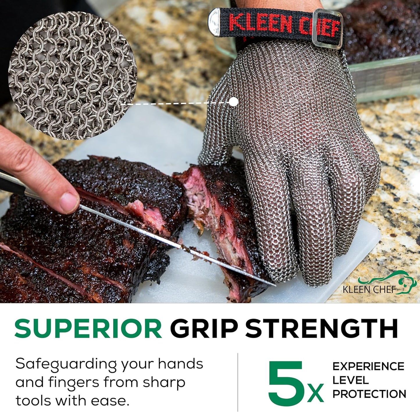 KLEEN CHEF Stainless Steel Cut Resistant Gloves | Heavy Duty, Butcher Glove for Cutting Meat, Fishing, Chopping, Shredding
