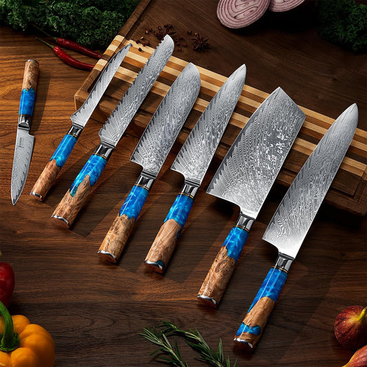SENKEN 15-Piece Damascus Knife Block Set - "Tsunami" Collection Japanese Chef Knife Set - 67-Layer Japanese VG10 Steel Blades, Includes Chef Knife, Cleaver, 6 Steak Knives (Blue)