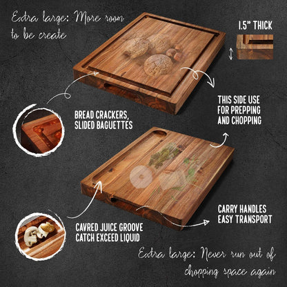 Acacia Wood Cutting Board (17x13x1.5in) and Wooden Butcher Block, Chopping Board - Reversible Multipurpose For Meat, Cheese Board, Vegetables, Bread...with Juice Groove, Cracker Holder & Inner Handles