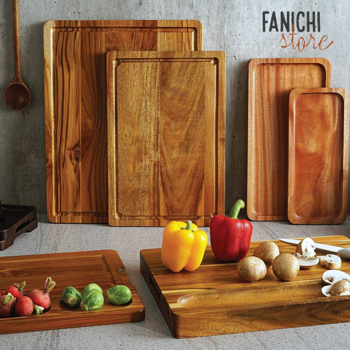 Acacia Wood Cutting Board (17x13x1.5in) and Wooden Butcher Block, Chopping Board - Reversible Multipurpose For Meat, Cheese Board, Vegetables, Bread...with Juice Groove, Cracker Holder & Inner Handles