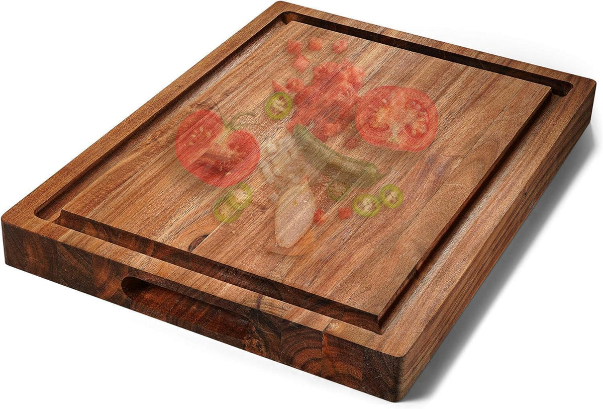 Acacia Wood Cutting Board (17x13x1.5in) and Wooden Butcher Block, Chopping Board - Reversible Multipurpose For Meat, Cheese Board, Vegetables, Bread...with Juice Groove, Cracker Holder & Inner Handles
