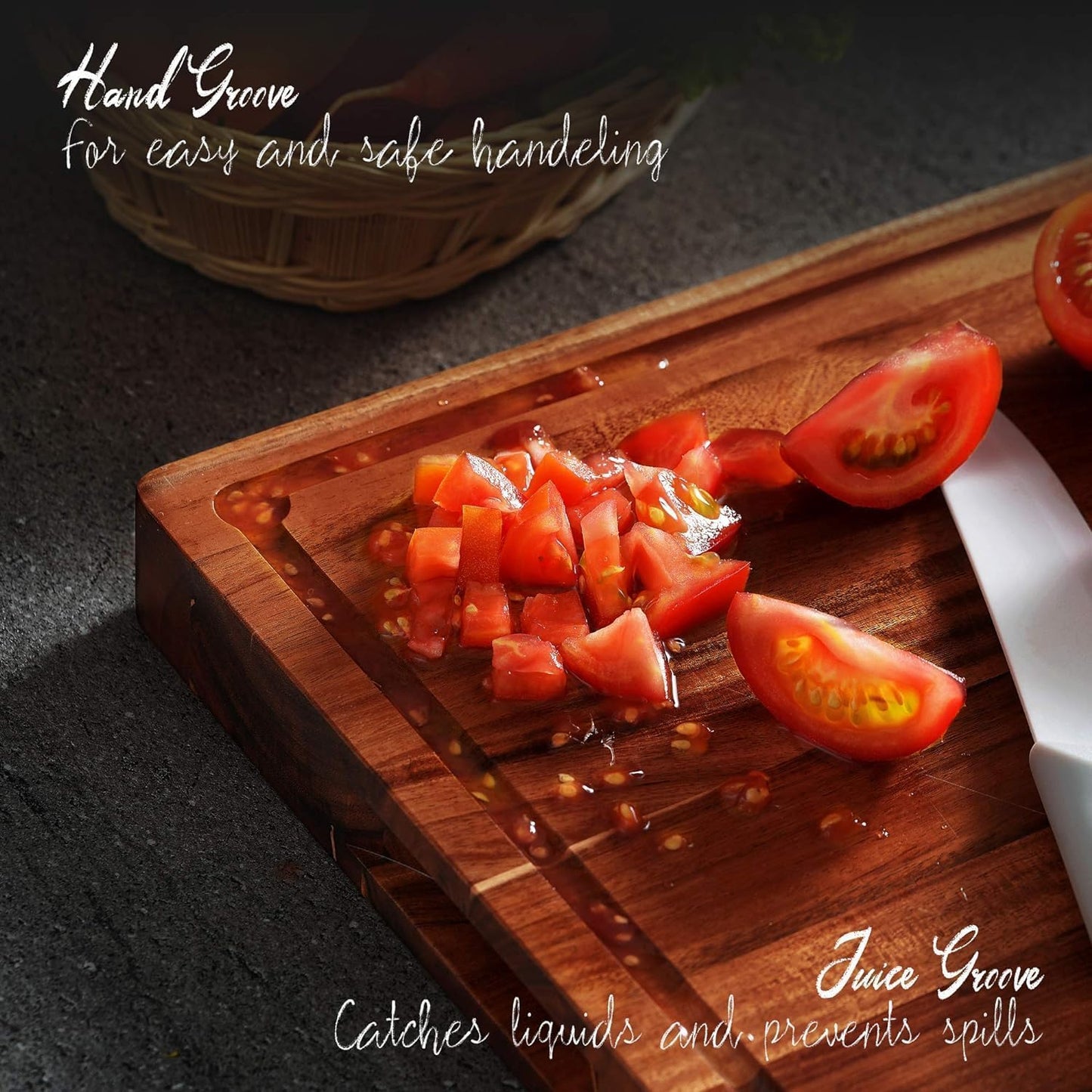 Acacia Wood Cutting Board (17x13x1.5in) and Wooden Butcher Block, Chopping Board - Reversible Multipurpose For Meat, Cheese Board, Vegetables, Bread...with Juice Groove, Cracker Holder & Inner Handles