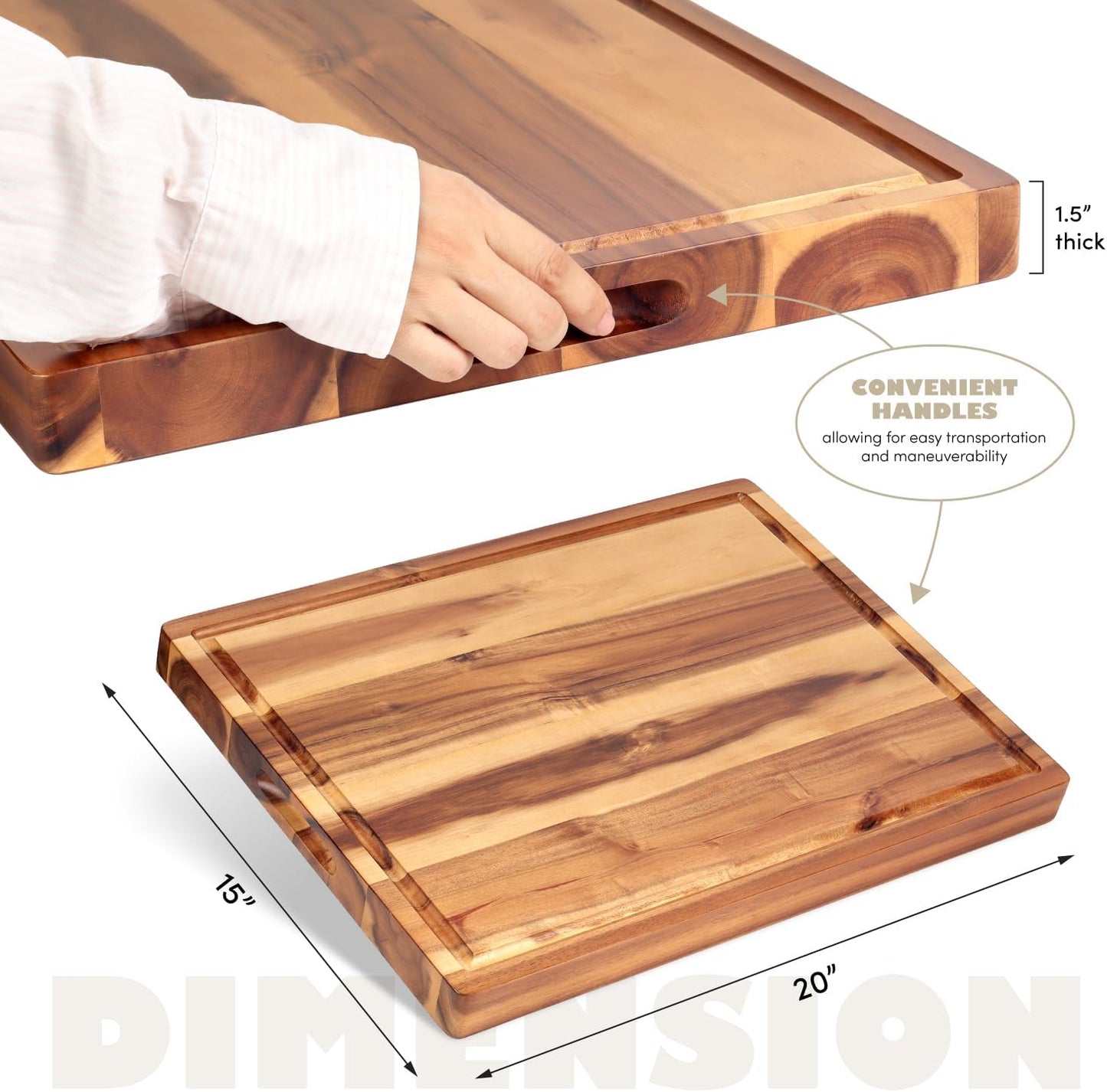 Acacia Wood Cutting Board (17x13x1.5in) and Wooden Butcher Block, Chopping Board - Reversible Multipurpose For Meat, Cheese Board, Vegetables, Bread...with Juice Groove, Cracker Holder & Inner Handles