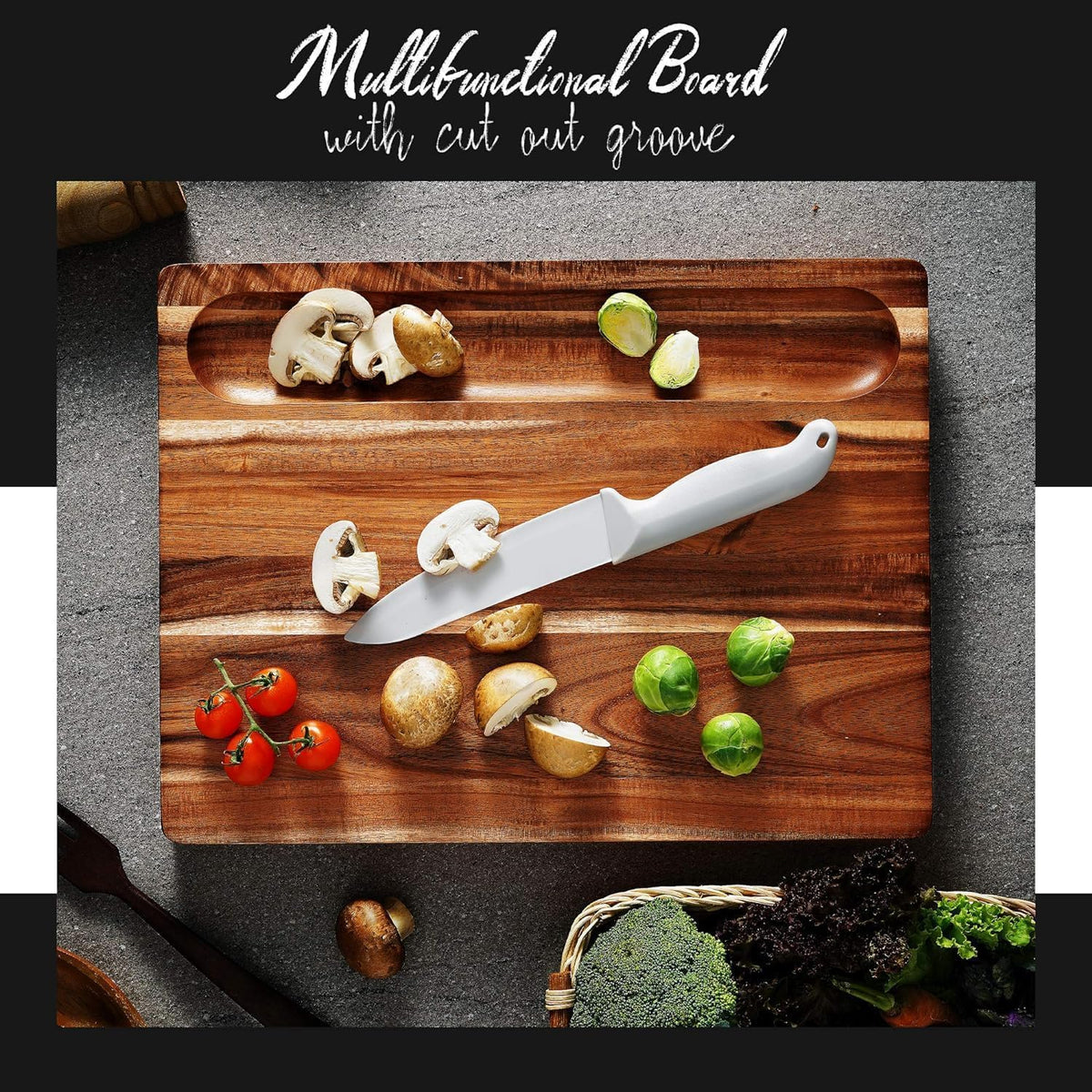 Acacia Wood Cutting Board (17x13x1.5in) and Wooden Butcher Block, Chopping Board - Reversible Multipurpose For Meat, Cheese Board, Vegetables, Bread...with Juice Groove, Cracker Holder & Inner Handles