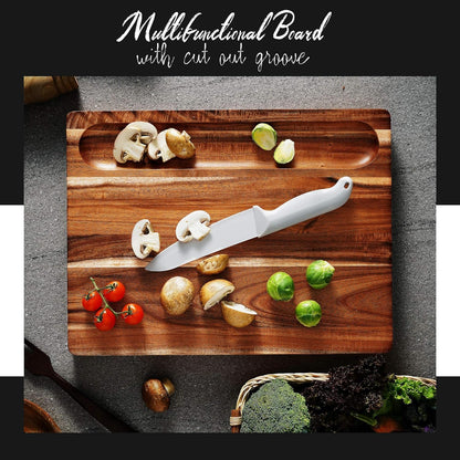 Acacia Wood Cutting Board (17x13x1.5in) and Wooden Butcher Block, Chopping Board - Reversible Multipurpose For Meat, Cheese Board, Vegetables, Bread...with Juice Groove, Cracker Holder & Inner Handles
