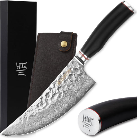 Butcher Cleaver Knife 8 Inch - Meat Cleavers Japanese Hammered Damascus Stainless Steel Natural Leadwood Handle with Leather Sheath