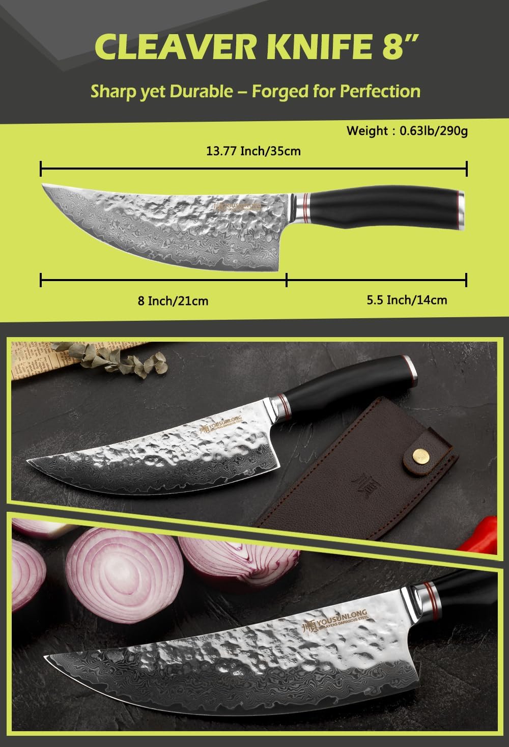 Butcher Cleaver Knife 8 Inch - Meat Cleavers Japanese Hammered Damascus Stainless Steel Natural Leadwood Handle with Leather Sheath