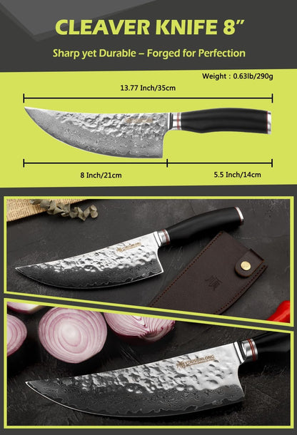 Butcher Cleaver Knife 8 Inch - Meat Cleavers Japanese Hammered Damascus Stainless Steel Natural Leadwood Handle with Leather Sheath