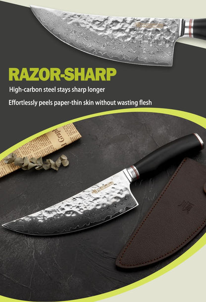 Butcher Cleaver Knife 8 Inch - Meat Cleavers Japanese Hammered Damascus Stainless Steel Natural Leadwood Handle with Leather Sheath