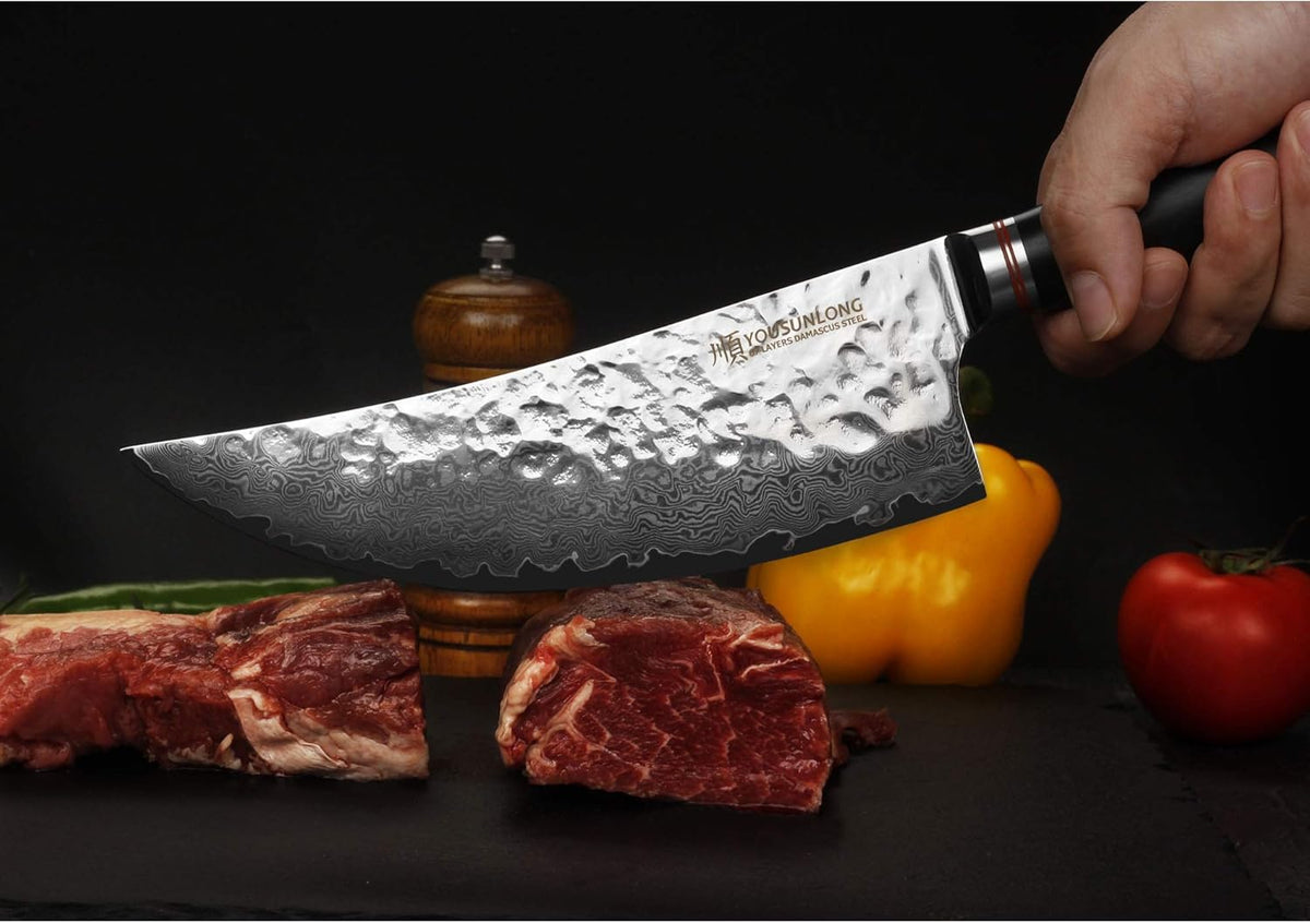 Butcher Cleaver Knife 8 Inch - Meat Cleavers Japanese Hammered Damascus Stainless Steel Natural Leadwood Handle with Leather Sheath