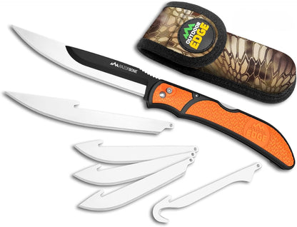 RazorBone Replaceable Blade Folding Hunting Knife with Clip & Sheath, 3 Butcher Knife Blade Styles - Boning, Gutting, & Skinning Knives. Blaze Orange, Camo Sheath, 6 Blades & Blade Box