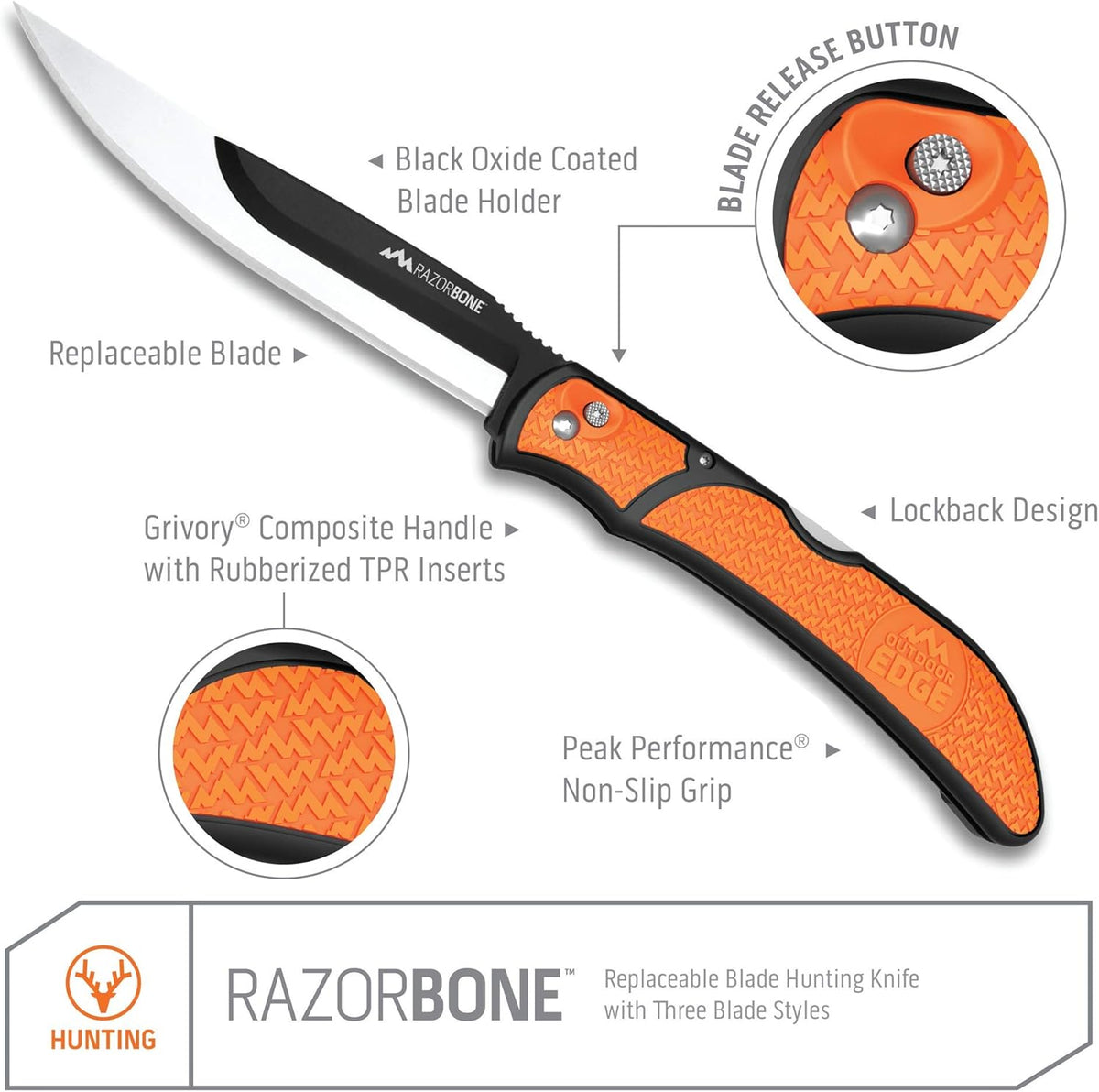 RazorBone Replaceable Blade Folding Hunting Knife with Clip & Sheath, 3 Butcher Knife Blade Styles - Boning, Gutting, & Skinning Knives. Blaze Orange, Camo Sheath, 6 Blades & Blade Box