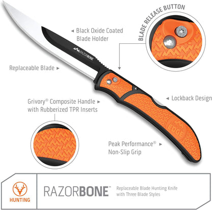 RazorBone Replaceable Blade Folding Hunting Knife with Clip & Sheath, 3 Butcher Knife Blade Styles - Boning, Gutting, & Skinning Knives. Blaze Orange, Camo Sheath, 6 Blades & Blade Box