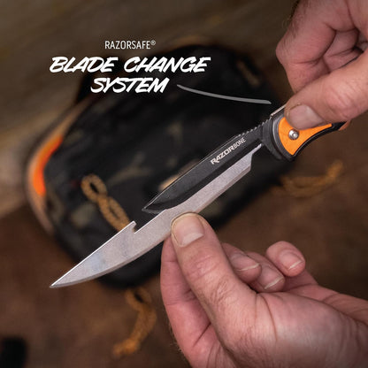 RazorBone Replaceable Blade Folding Hunting Knife with Clip & Sheath, 3 Butcher Knife Blade Styles - Boning, Gutting, & Skinning Knives. Blaze Orange, Camo Sheath, 6 Blades & Blade Box