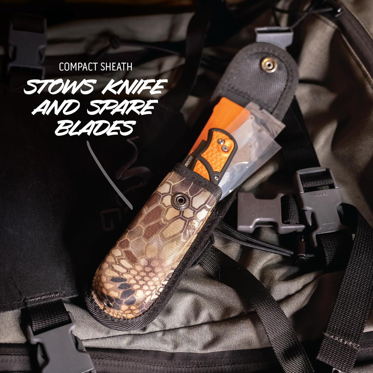 RazorBone Replaceable Blade Folding Hunting Knife with Clip & Sheath, 3 Butcher Knife Blade Styles - Boning, Gutting, & Skinning Knives. Blaze Orange, Camo Sheath, 6 Blades & Blade Box