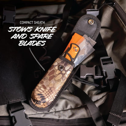 RazorBone Replaceable Blade Folding Hunting Knife with Clip & Sheath, 3 Butcher Knife Blade Styles - Boning, Gutting, & Skinning Knives. Blaze Orange, Camo Sheath, 6 Blades & Blade Box