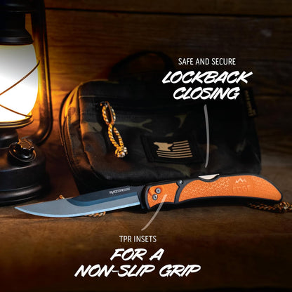 RazorBone Replaceable Blade Folding Hunting Knife with Clip & Sheath, 3 Butcher Knife Blade Styles - Boning, Gutting, & Skinning Knives. Blaze Orange, Camo Sheath, 6 Blades & Blade Box
