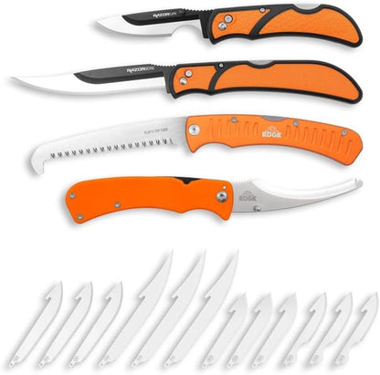 RazorBone Replaceable Blade Folding Hunting Knife with Clip & Sheath, 3 Butcher Knife Blade Styles - Boning, Gutting, & Skinning Knives. Blaze Orange, Camo Sheath, 6 Blades & Blade Box