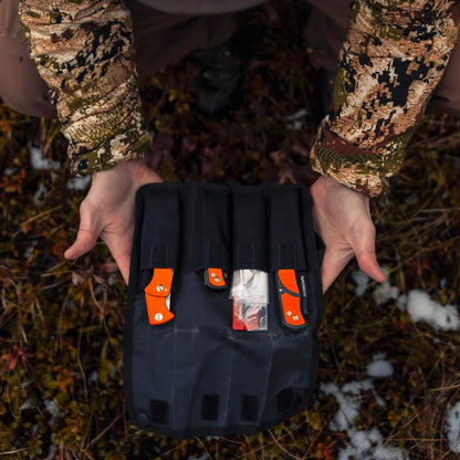 RazorBone Replaceable Blade Folding Hunting Knife with Clip & Sheath, 3 Butcher Knife Blade Styles - Boning, Gutting, & Skinning Knives. Blaze Orange, Camo Sheath, 6 Blades & Blade Box