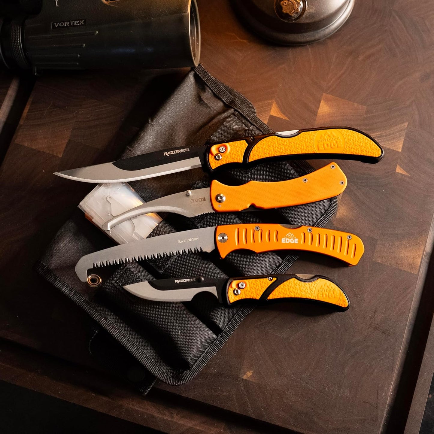 RazorBone Replaceable Blade Folding Hunting Knife with Clip & Sheath, 3 Butcher Knife Blade Styles - Boning, Gutting, & Skinning Knives. Blaze Orange, Camo Sheath, 6 Blades & Blade Box