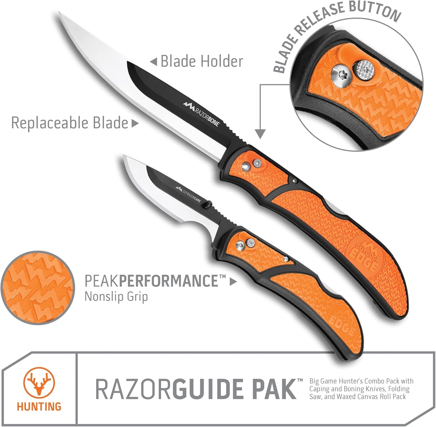 RazorBone Replaceable Blade Folding Hunting Knife with Clip & Sheath, 3 Butcher Knife Blade Styles - Boning, Gutting, & Skinning Knives. Blaze Orange, Camo Sheath, 6 Blades & Blade Box