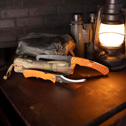 RazorBone Replaceable Blade Folding Hunting Knife with Clip & Sheath, 3 Butcher Knife Blade Styles - Boning, Gutting, & Skinning Knives. Blaze Orange, Camo Sheath, 6 Blades & Blade Box