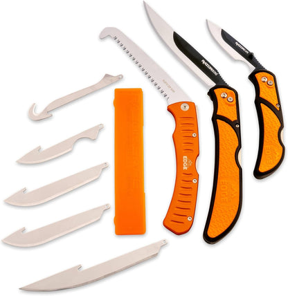 RazorBone Replaceable Blade Folding Hunting Knife with Clip & Sheath, 3 Butcher Knife Blade Styles - Boning, Gutting, & Skinning Knives. Blaze Orange, Camo Sheath, 6 Blades & Blade Box