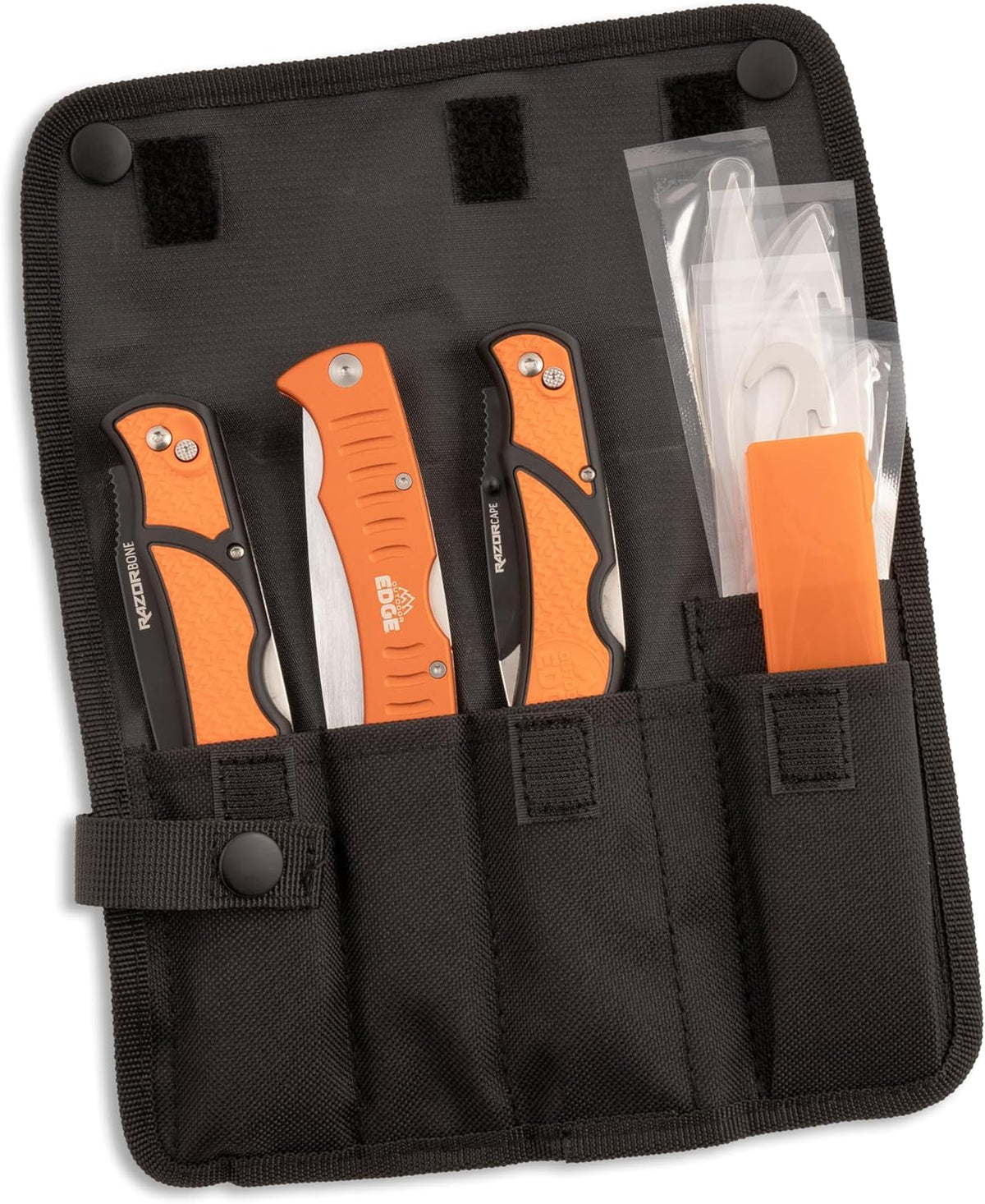 RazorBone Replaceable Blade Folding Hunting Knife with Clip & Sheath, 3 Butcher Knife Blade Styles - Boning, Gutting, & Skinning Knives. Blaze Orange, Camo Sheath, 6 Blades & Blade Box