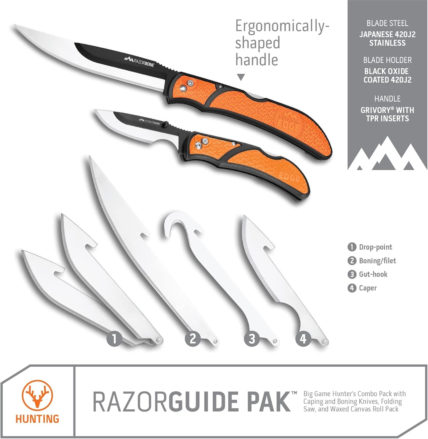 RazorBone Replaceable Blade Folding Hunting Knife with Clip & Sheath, 3 Butcher Knife Blade Styles - Boning, Gutting, & Skinning Knives. Blaze Orange, Camo Sheath, 6 Blades & Blade Box