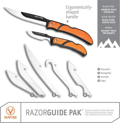RazorBone Replaceable Blade Folding Hunting Knife with Clip & Sheath, 3 Butcher Knife Blade Styles - Boning, Gutting, & Skinning Knives. Blaze Orange, Camo Sheath, 6 Blades & Blade Box