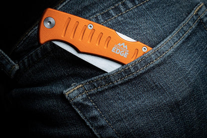 RazorBone Replaceable Blade Folding Hunting Knife with Clip & Sheath, 3 Butcher Knife Blade Styles - Boning, Gutting, & Skinning Knives. Blaze Orange, Camo Sheath, 6 Blades & Blade Box
