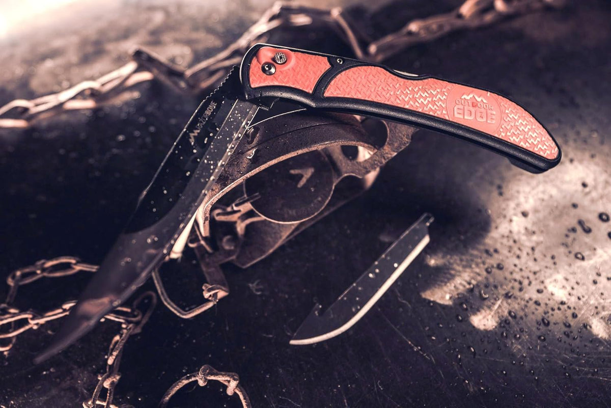 RazorBone Replaceable Blade Folding Hunting Knife with Clip & Sheath, 3 Butcher Knife Blade Styles - Boning, Gutting, & Skinning Knives. Blaze Orange, Camo Sheath, 6 Blades & Blade Box