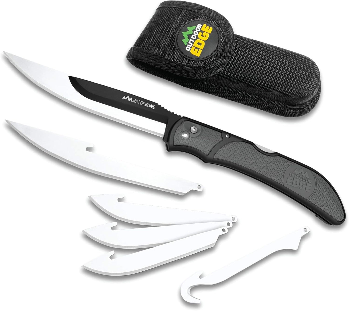 RazorBone Replaceable Blade Folding Hunting Knife with Clip & Sheath, 3 Butcher Knife Blade Styles - Boning, Gutting, & Skinning Knives. Blaze Orange, Camo Sheath, 6 Blades & Blade Box