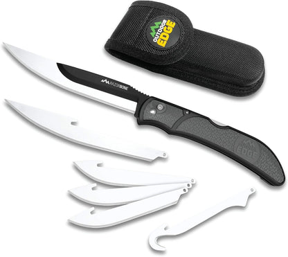 RazorBone Replaceable Blade Folding Hunting Knife with Clip & Sheath, 3 Butcher Knife Blade Styles - Boning, Gutting, & Skinning Knives. Blaze Orange, Camo Sheath, 6 Blades & Blade Box