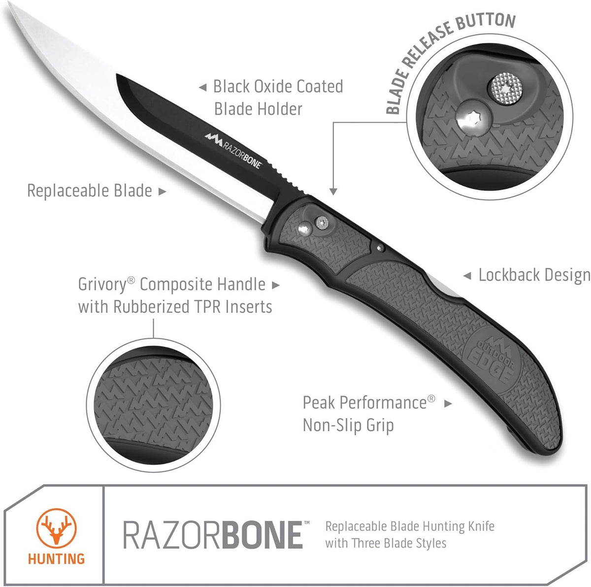 RazorBone Replaceable Blade Folding Hunting Knife with Clip & Sheath, 3 Butcher Knife Blade Styles - Boning, Gutting, & Skinning Knives. Blaze Orange, Camo Sheath, 6 Blades & Blade Box