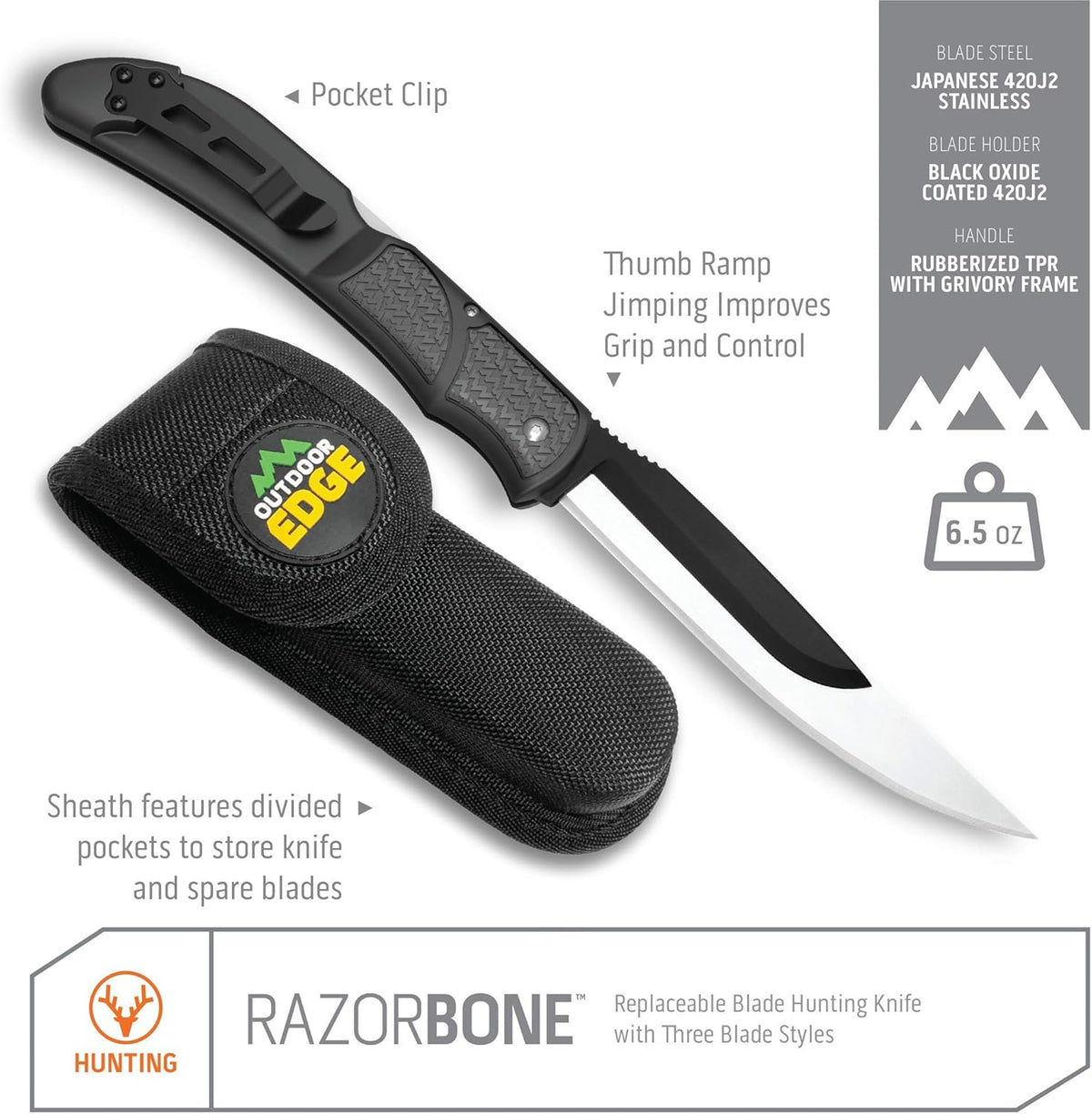 RazorBone Replaceable Blade Folding Hunting Knife with Clip & Sheath, 3 Butcher Knife Blade Styles - Boning, Gutting, & Skinning Knives. Blaze Orange, Camo Sheath, 6 Blades & Blade Box