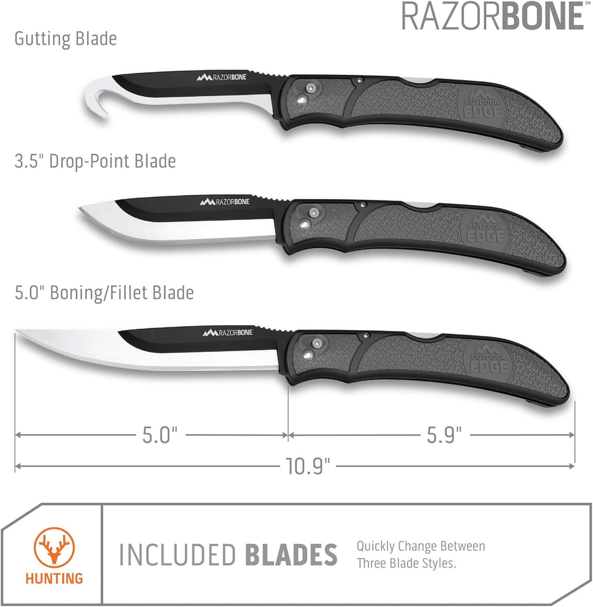 RazorBone Replaceable Blade Folding Hunting Knife with Clip & Sheath, 3 Butcher Knife Blade Styles - Boning, Gutting, & Skinning Knives. Blaze Orange, Camo Sheath, 6 Blades & Blade Box