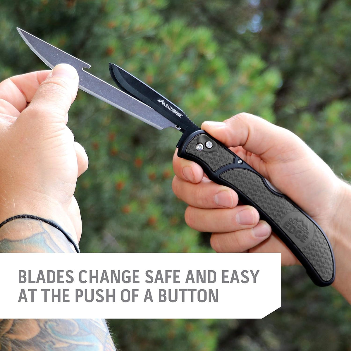 RazorBone Replaceable Blade Folding Hunting Knife with Clip & Sheath, 3 Butcher Knife Blade Styles - Boning, Gutting, & Skinning Knives. Blaze Orange, Camo Sheath, 6 Blades & Blade Box