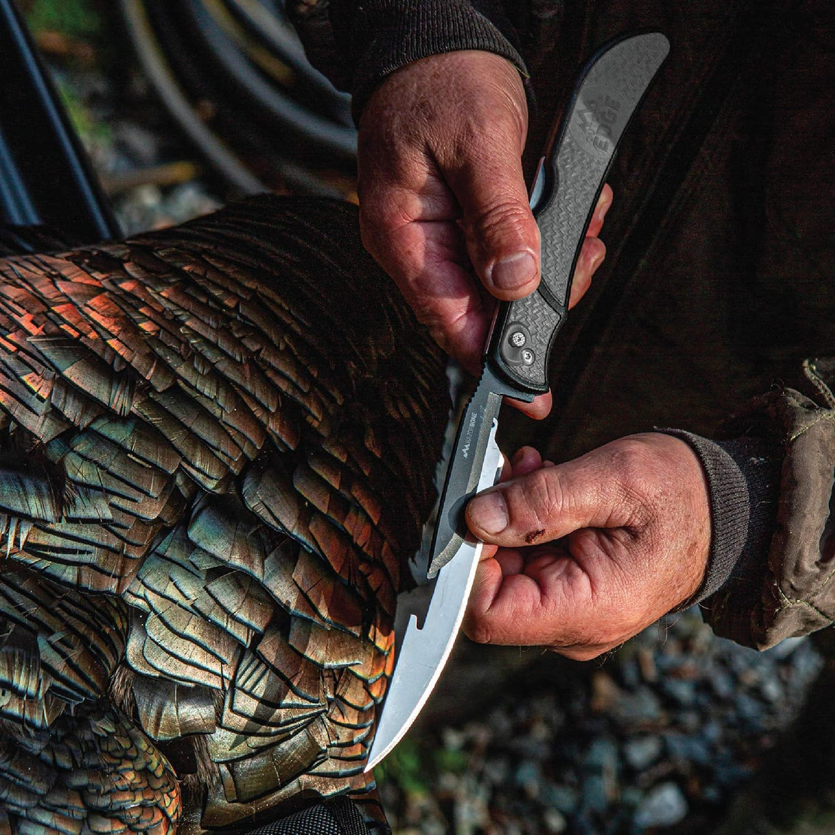 RazorBone Replaceable Blade Folding Hunting Knife with Clip & Sheath, 3 Butcher Knife Blade Styles - Boning, Gutting, & Skinning Knives. Blaze Orange, Camo Sheath, 6 Blades & Blade Box
