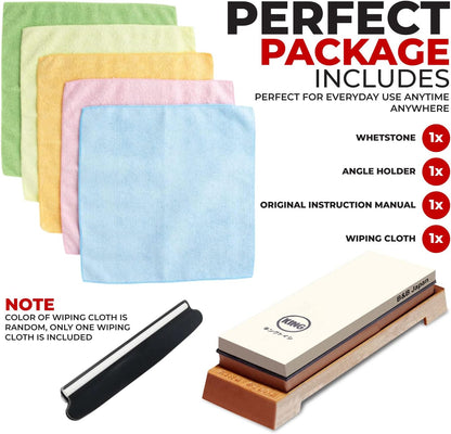 Whetstone Starter Set Include 1000/6000 Grit Combination Whetstone made in Japan, Knife Angle Holder, B&B Japan Original Wiping Cloth and Stable Plastic Base