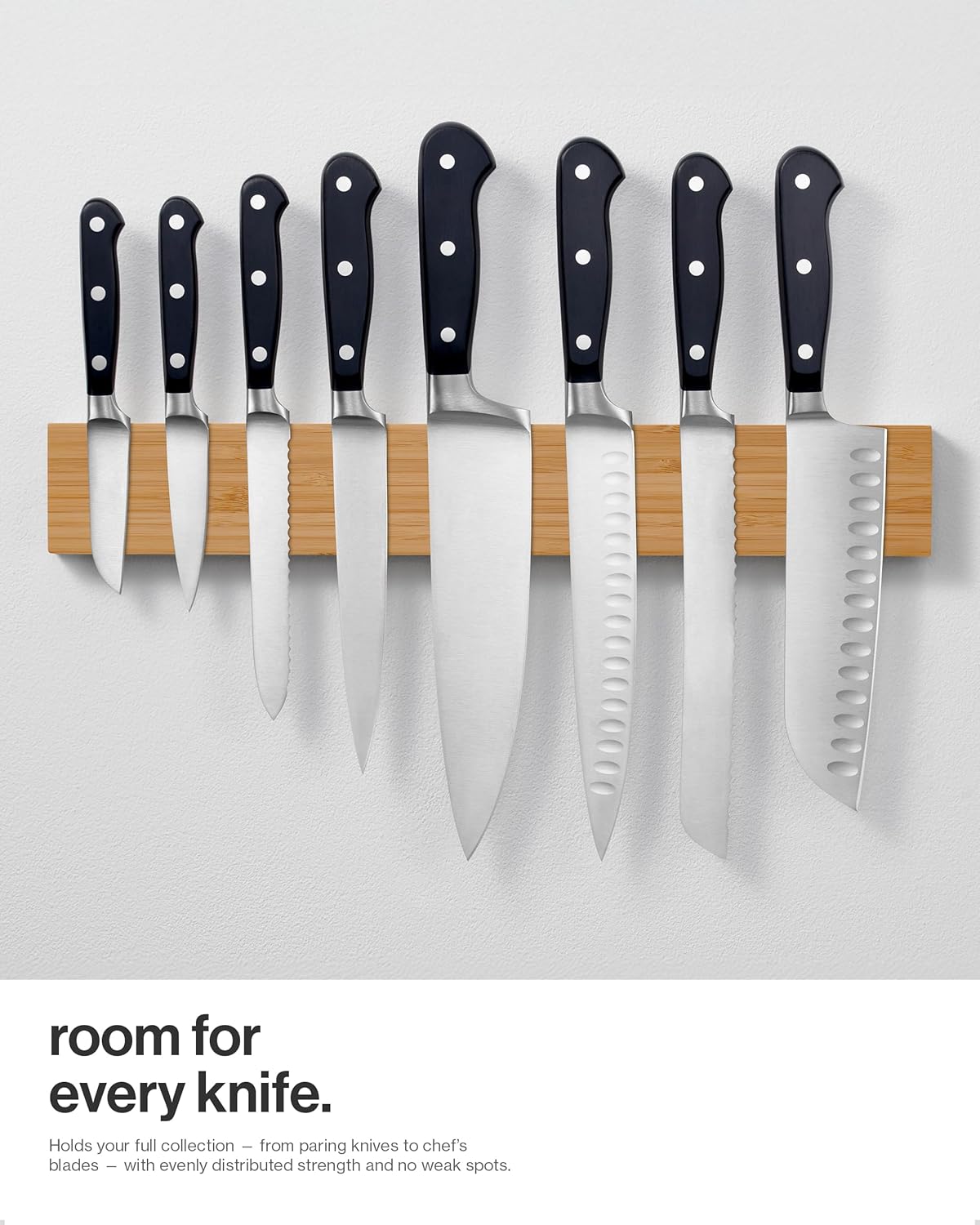 Magnetic Knife Holder for Wall or Fridge - No-Drill Bamboo Knife Magnetic Strip, 16″ - Renter Friendly