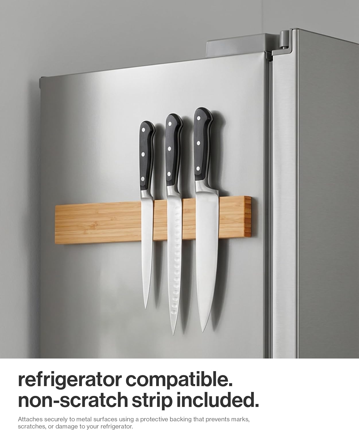 Magnetic Knife Holder for Wall or Fridge - No-Drill Bamboo Knife Magnetic Strip, 16″ - Renter Friendly