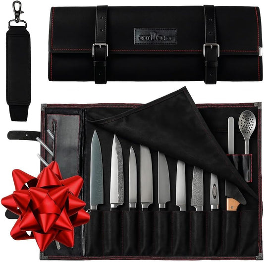 Chef Knife Bag for 10 Knives & Utensils - Waxed Canvas & Vegan Leather - Travel Knife Case with Straps - Professional Chef Roll Bag