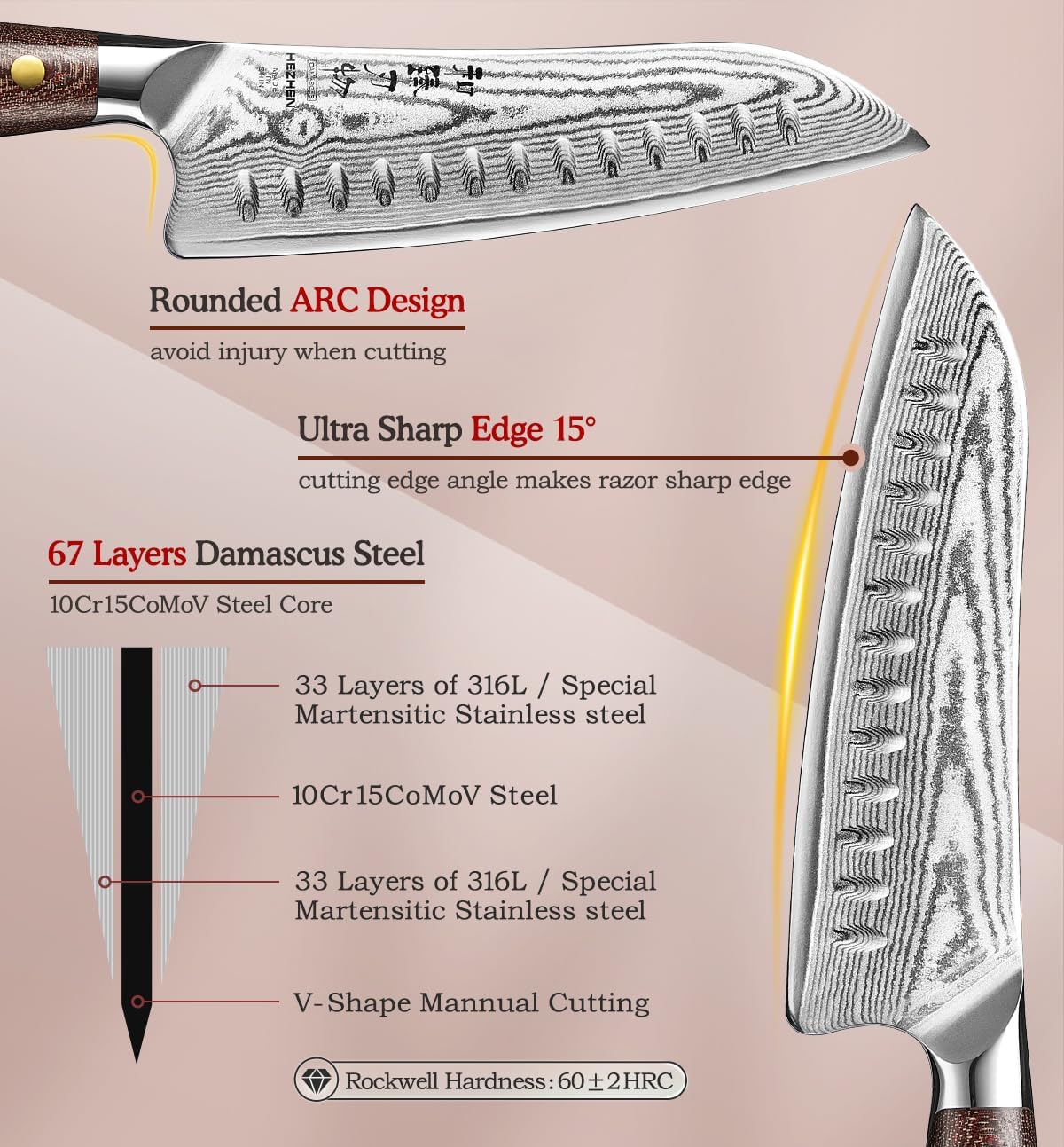 7.3'' Santoku Knife with Sheath – 67 Layers Damascus Steel, Professional Kitchen Knife for Meat, Fish & Vegetables, Micarta Handle