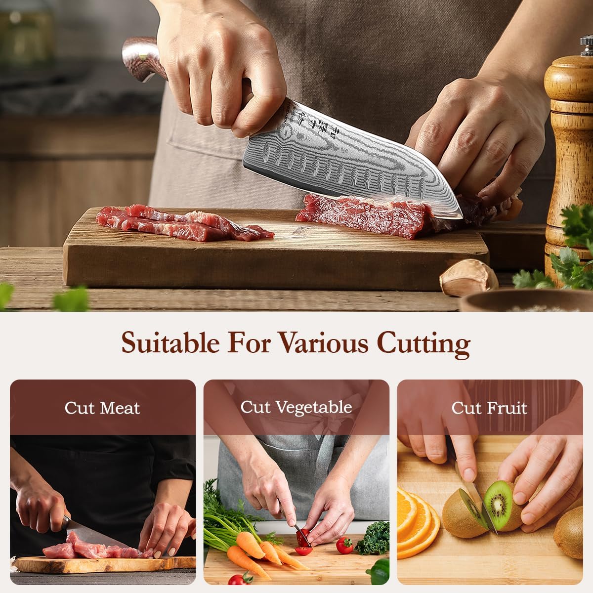 7.3'' Santoku Knife with Sheath – 67 Layers Damascus Steel, Professional Kitchen Knife for Meat, Fish & Vegetables, Micarta Handle