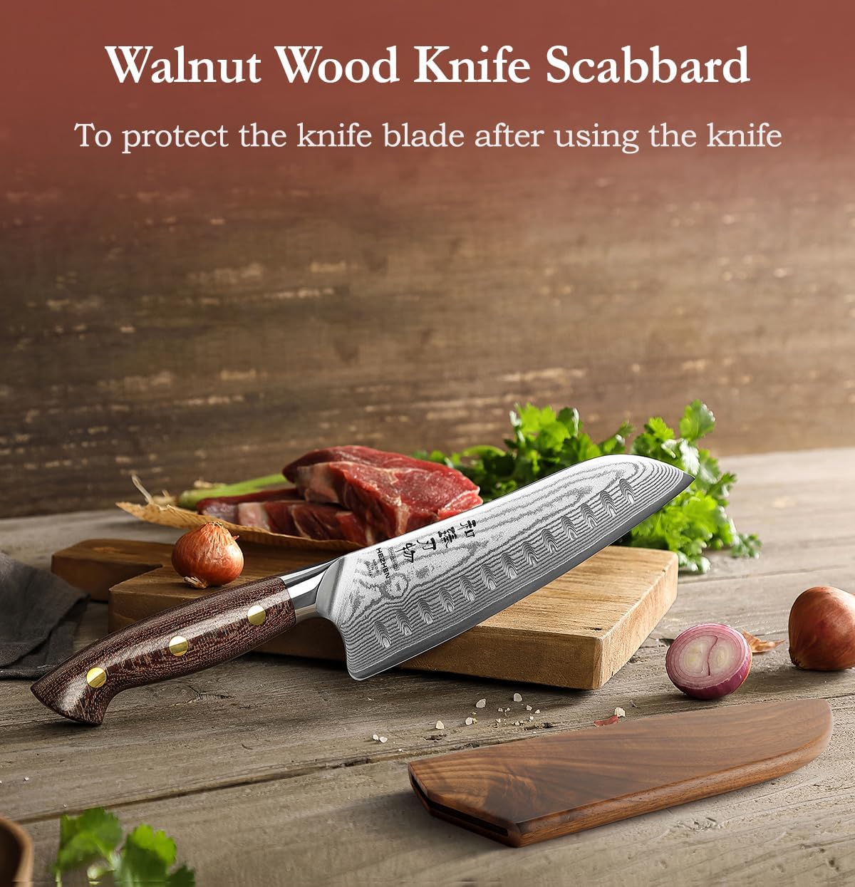 7.3'' Santoku Knife with Sheath – 67 Layers Damascus Steel, Professional Kitchen Knife for Meat, Fish & Vegetables, Micarta Handle
