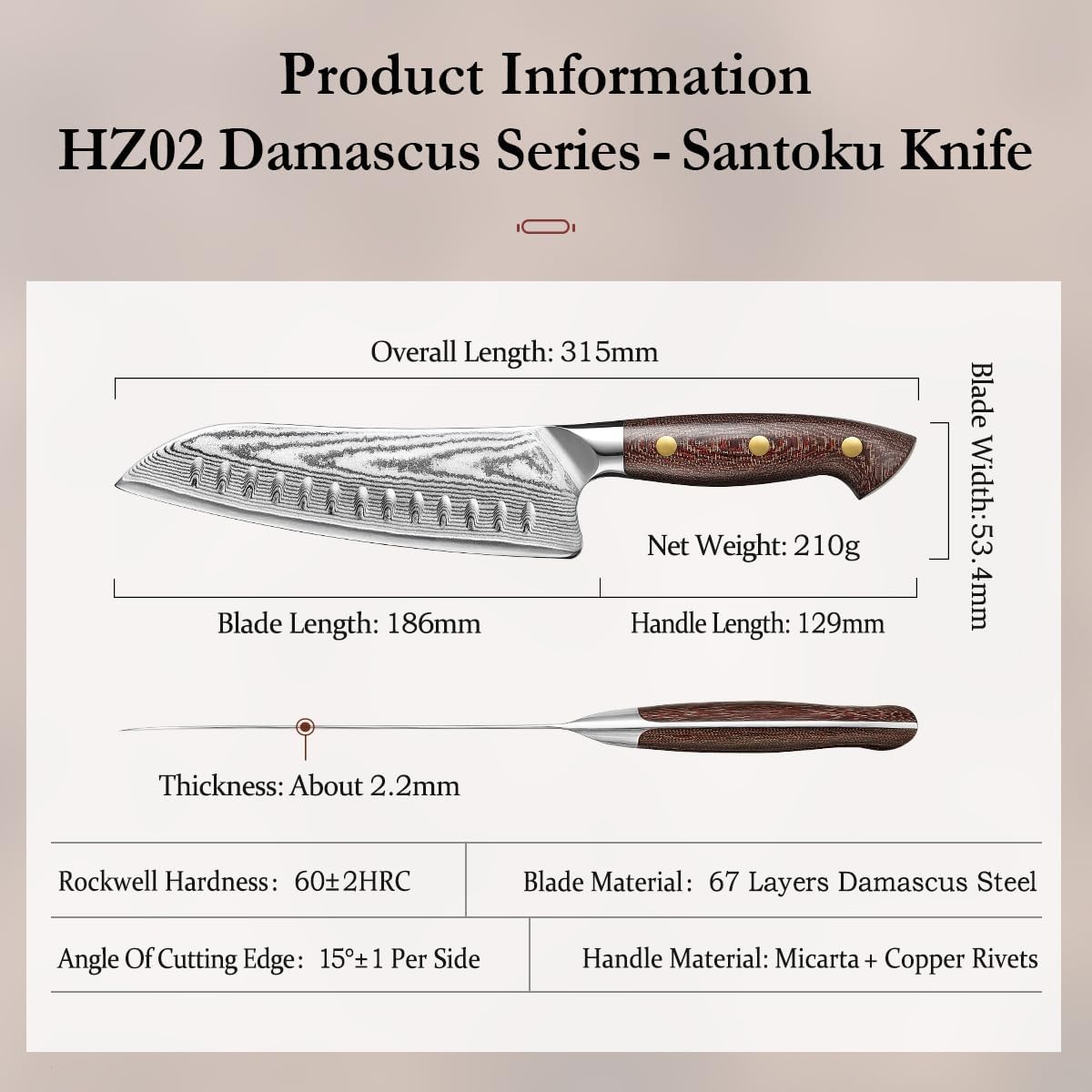 7.3'' Santoku Knife with Sheath – 67 Layers Damascus Steel, Professional Kitchen Knife for Meat, Fish & Vegetables, Micarta Handle