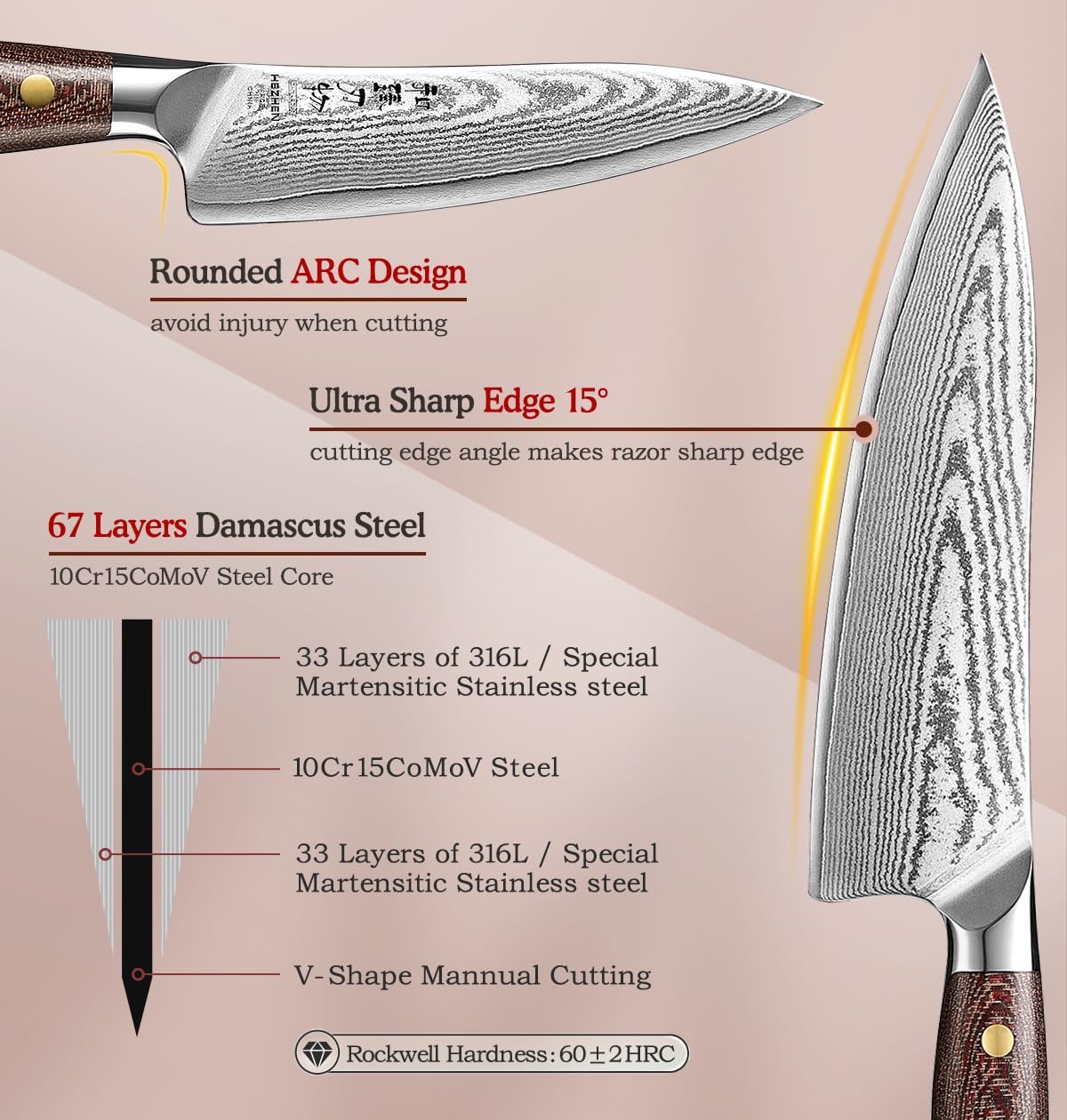 7.3'' Santoku Knife with Sheath – 67 Layers Damascus Steel, Professional Kitchen Knife for Meat, Fish & Vegetables, Micarta Handle