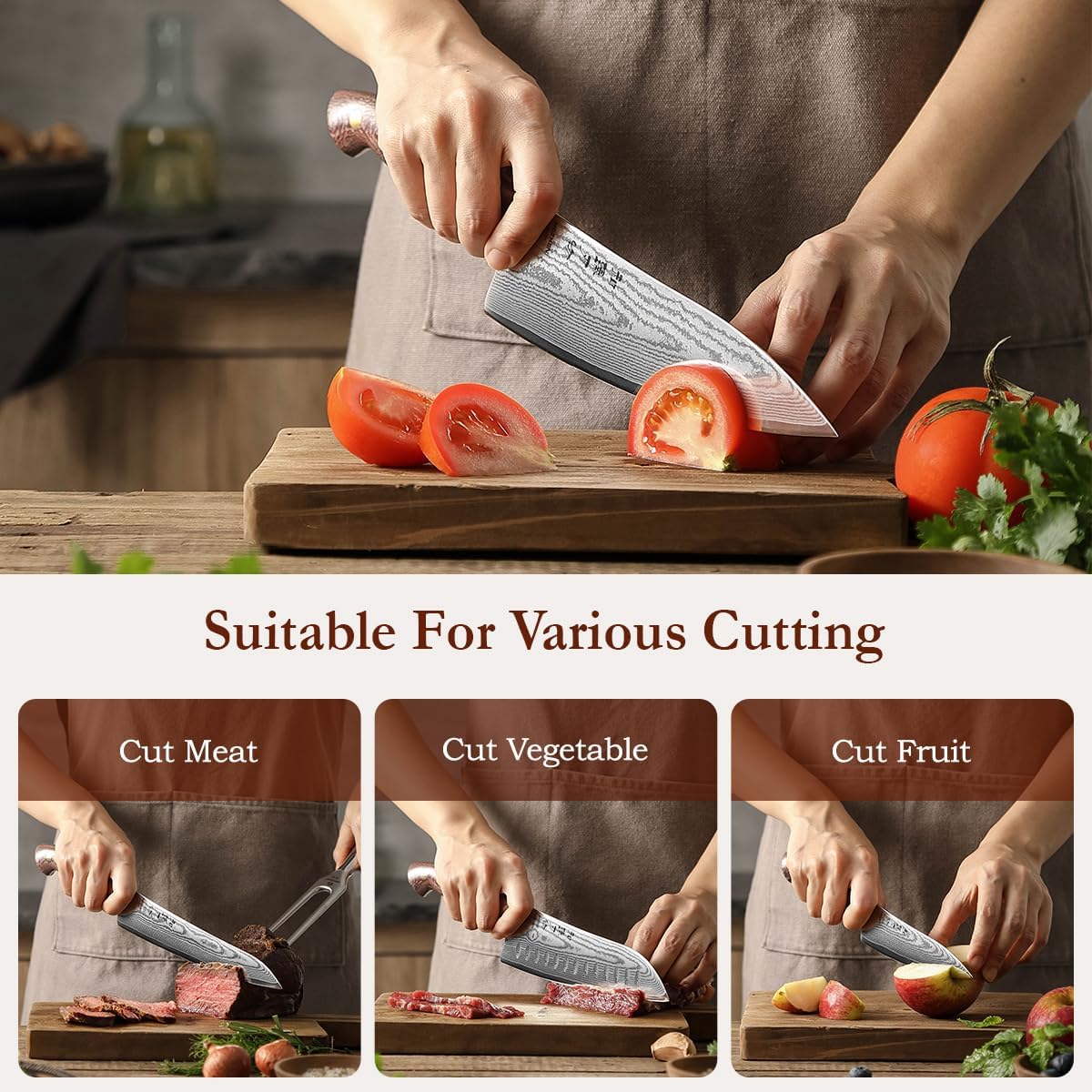 7.3'' Santoku Knife with Sheath – 67 Layers Damascus Steel, Professional Kitchen Knife for Meat, Fish & Vegetables, Micarta Handle
